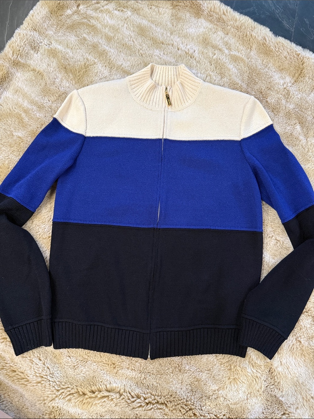 ST. JOHN NWT Size P Colorblock  Zip Knit Long Sleeve Cardigan Cobalt Navy Cream